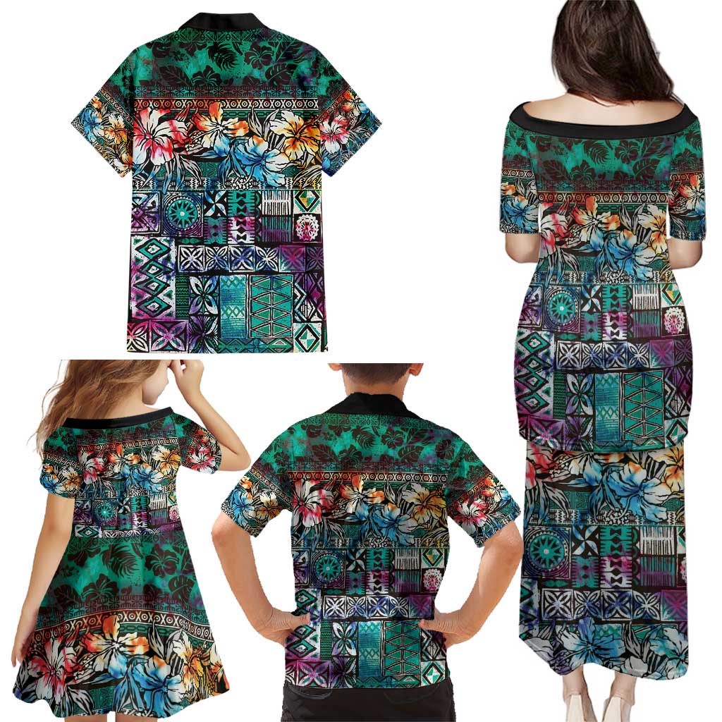 Pacific Hibiscus Tapa Tribal Vintage Family Matching Puletasi and Hawaiian Shirt Turquoise Motif