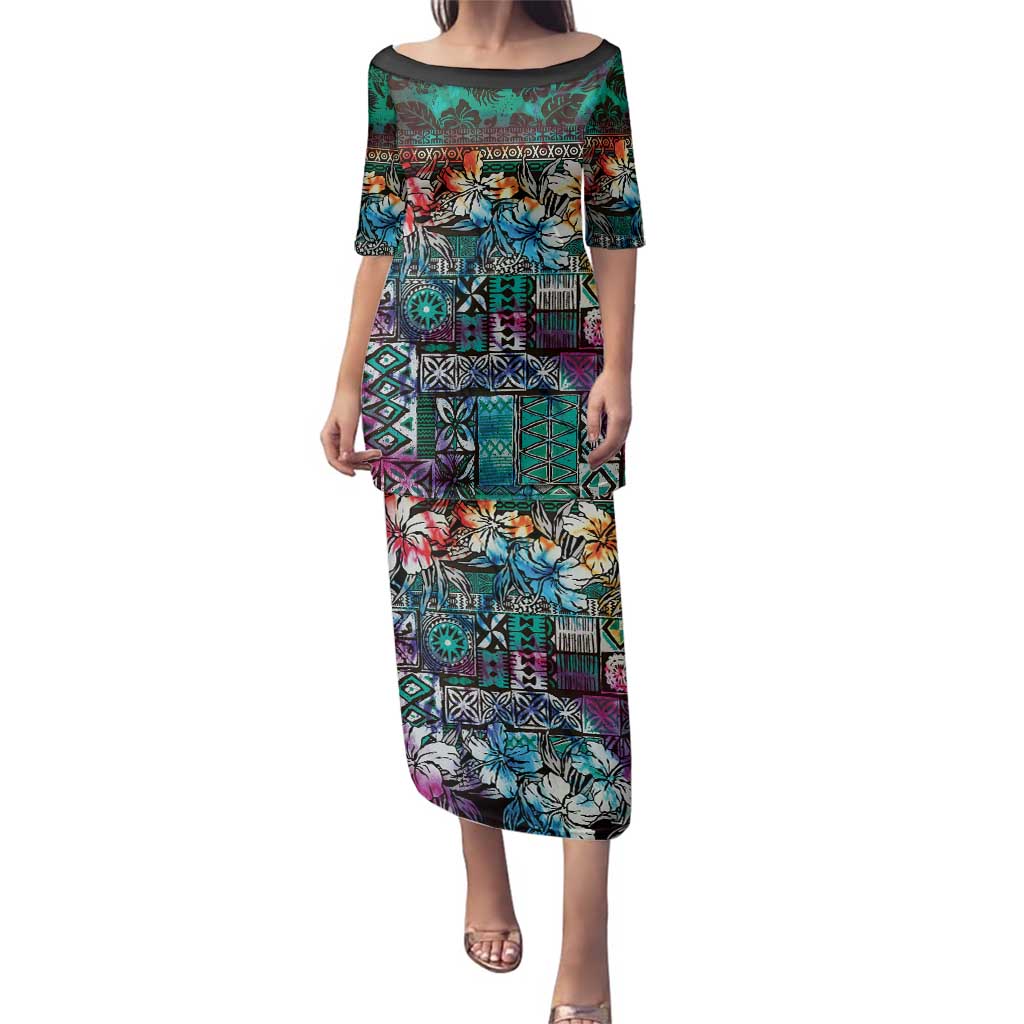 Pacific Hibiscus Tapa Tribal Vintage Family Matching Puletasi and Hawaiian Shirt Turquoise Motif