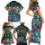 Pacific Hibiscus Tapa Tribal Vintage Family Matching Short Sleeve Bodycon Dress and Hawaiian Shirt Turquoise Motif