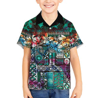 Pacific Hibiscus Tapa Tribal Vintage Family Matching Short Sleeve Bodycon Dress and Hawaiian Shirt Turquoise Motif