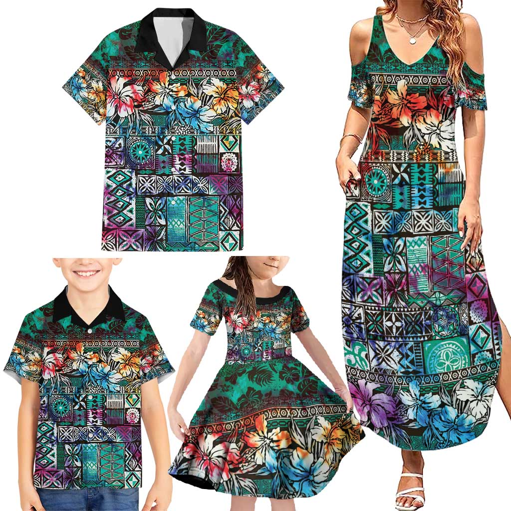 Pacific Hibiscus Tapa Tribal Vintage Family Matching Summer Maxi Dress and Hawaiian Shirt Turquoise Motif