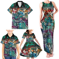 Pacific Hibiscus Tapa Tribal Vintage Family Matching Tank Maxi Dress and Hawaiian Shirt Turquoise Motif