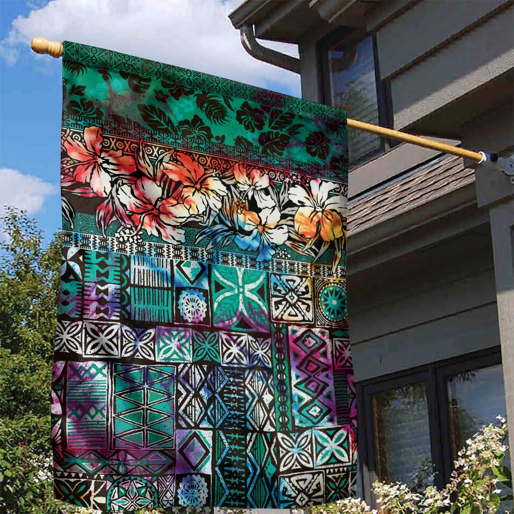 Pacific Hibiscus Tapa Tribal Vintage Garden Flag Turquoise Motif LT9 - Polynesian Pride