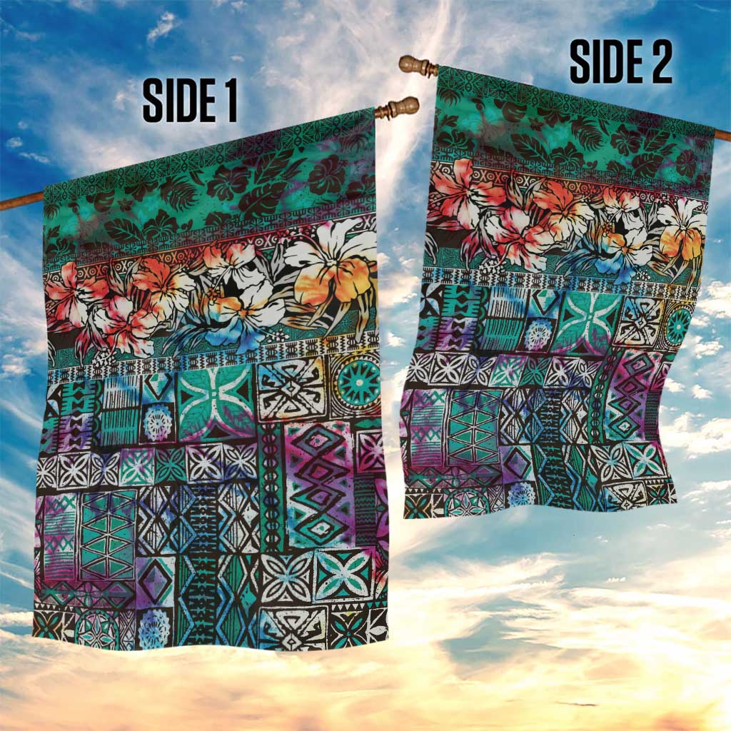 Pacific Hibiscus Tapa Tribal Vintage Garden Flag Turquoise Motif LT9 - Polynesian Pride