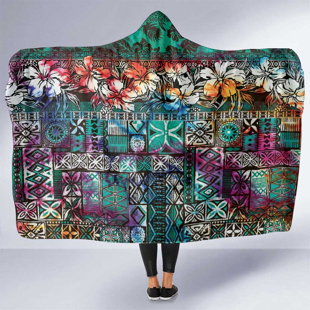 Pacific Hibiscus Tapa Tribal Vintage Hooded Blanket Turquoise Motif