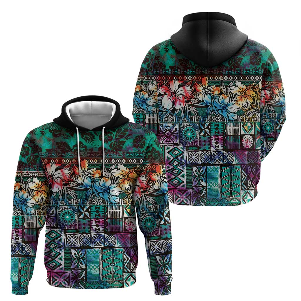 Pacific Hibiscus Tapa Tribal Vintage Hoodie Turquoise Motif
