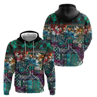 Pacific Hibiscus Tapa Tribal Vintage Hoodie Turquoise Motif
