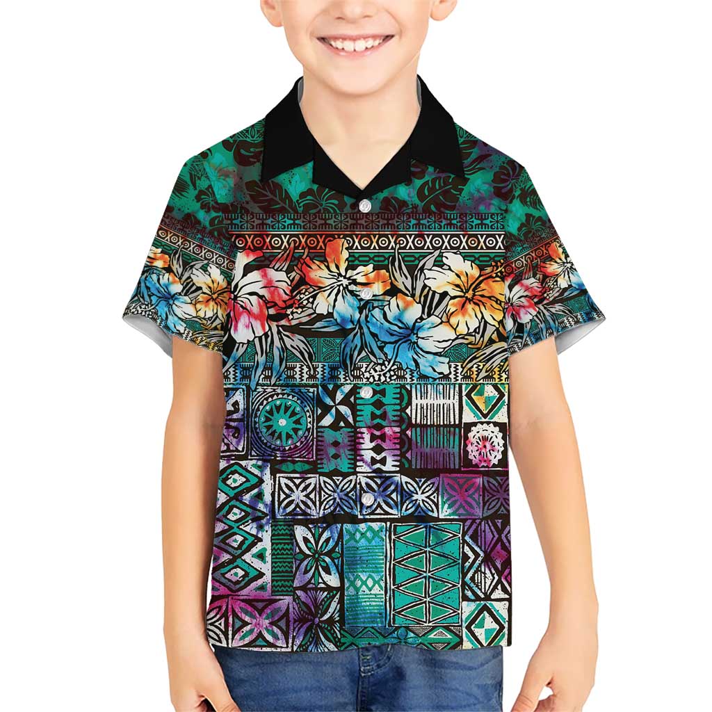 Pacific Hibiscus Tapa Tribal Vintage Kid Hawaiian Shirt Turquoise Motif