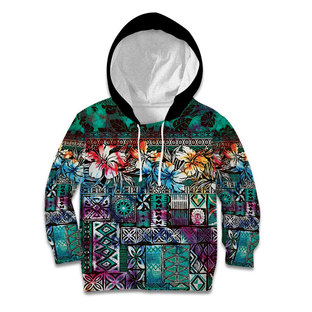 Pacific Hibiscus Tapa Tribal Vintage Kid Hoodie Turquoise Motif