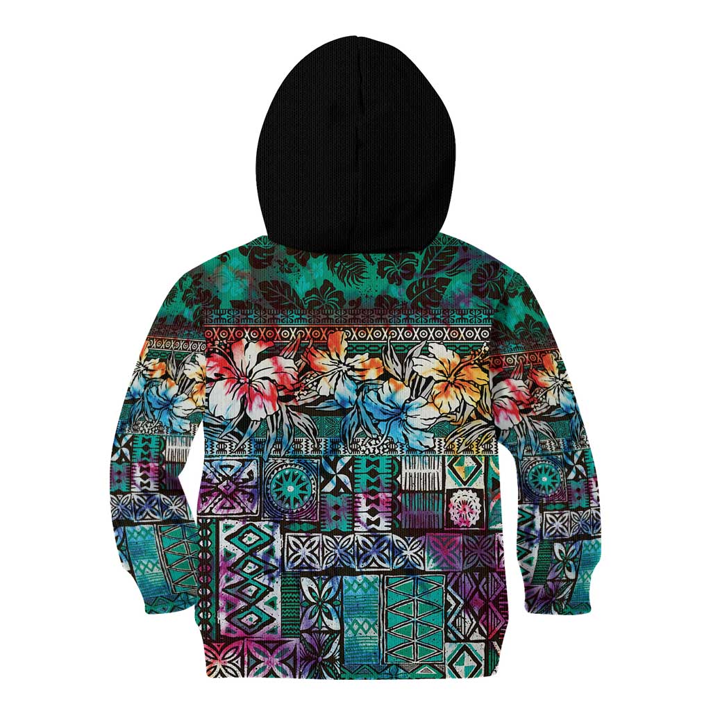 Pacific Hibiscus Tapa Tribal Vintage Kid Hoodie Turquoise Motif