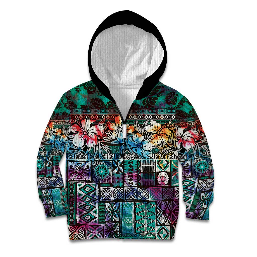 Pacific Hibiscus Tapa Tribal Vintage Kid Hoodie Turquoise Motif