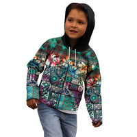 Pacific Hibiscus Tapa Tribal Vintage Kid Hoodie Turquoise Motif