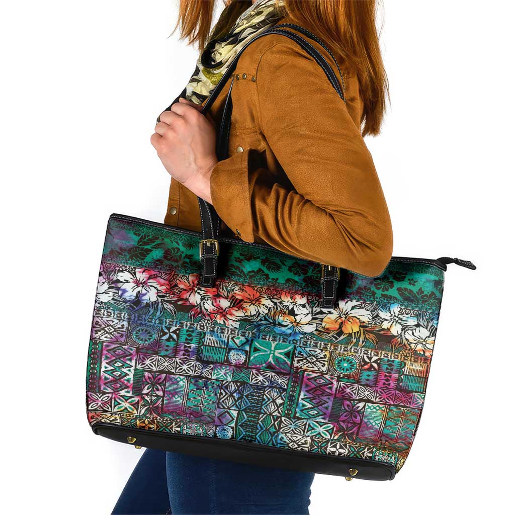 Pacific Hibiscus Tapa Tribal Vintage Leather Tote Bag Turquoise Motif LT9 Turquoise - Polynesian Pride