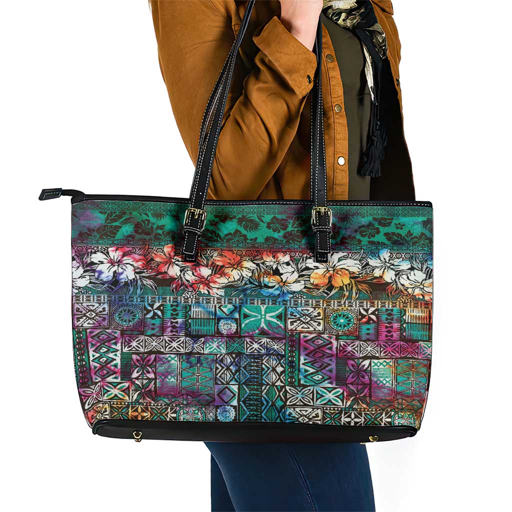 Pacific Hibiscus Tapa Tribal Vintage Leather Tote Bag Turquoise Motif LT9 - Polynesian Pride