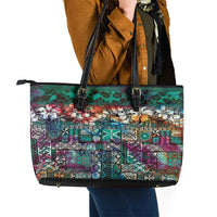 Pacific Hibiscus Tapa Tribal Vintage Leather Tote Bag Turquoise Motif LT9 - Polynesian Pride
