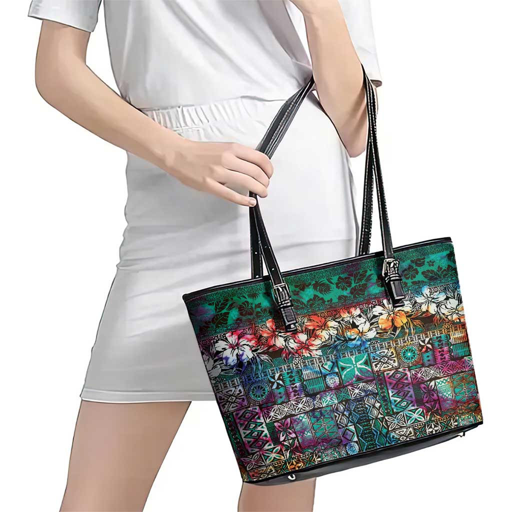 Pacific Hibiscus Tapa Tribal Vintage Leather Tote Bag Turquoise Motif LT9 - Polynesian Pride