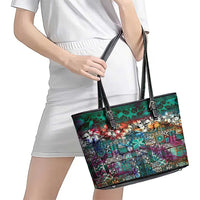 Pacific Hibiscus Tapa Tribal Vintage Leather Tote Bag Turquoise Motif LT9 - Polynesian Pride