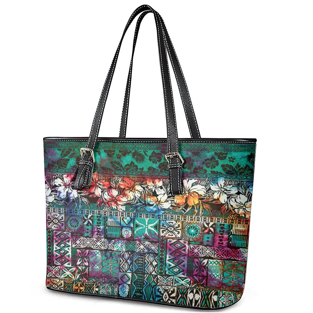 Pacific Hibiscus Tapa Tribal Vintage Leather Tote Bag Turquoise Motif LT9 - Polynesian Pride