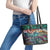 Pacific Hibiscus Tapa Tribal Vintage Leather Tote Bag Turquoise Motif