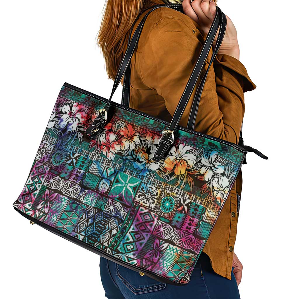 Pacific Hibiscus Tapa Tribal Vintage Leather Tote Bag Turquoise Motif LT9 - Polynesian Pride