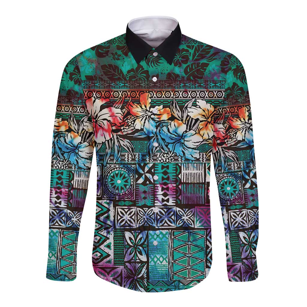 Pacific Hibiscus Tapa Tribal Vintage Long Sleeve Button Shirt Turquoise Motif