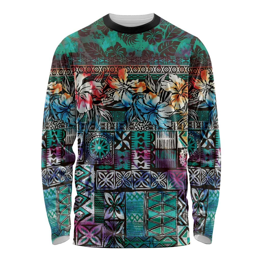 Pacific Hibiscus Tapa Tribal Vintage Long Sleeve Shirt Turquoise Motif