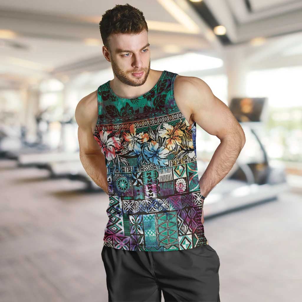 Pacific Hibiscus Tapa Tribal Vintage Men Tank Top Turquoise Motif LT9 Turquoise - Polynesian Pride