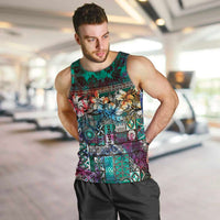 Pacific Hibiscus Tapa Tribal Vintage Men Tank Top Turquoise Motif LT9 Turquoise - Polynesian Pride