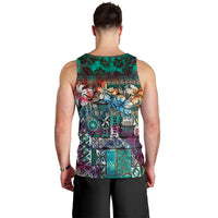 Pacific Hibiscus Tapa Tribal Vintage Men Tank Top Turquoise Motif LT9 - Polynesian Pride