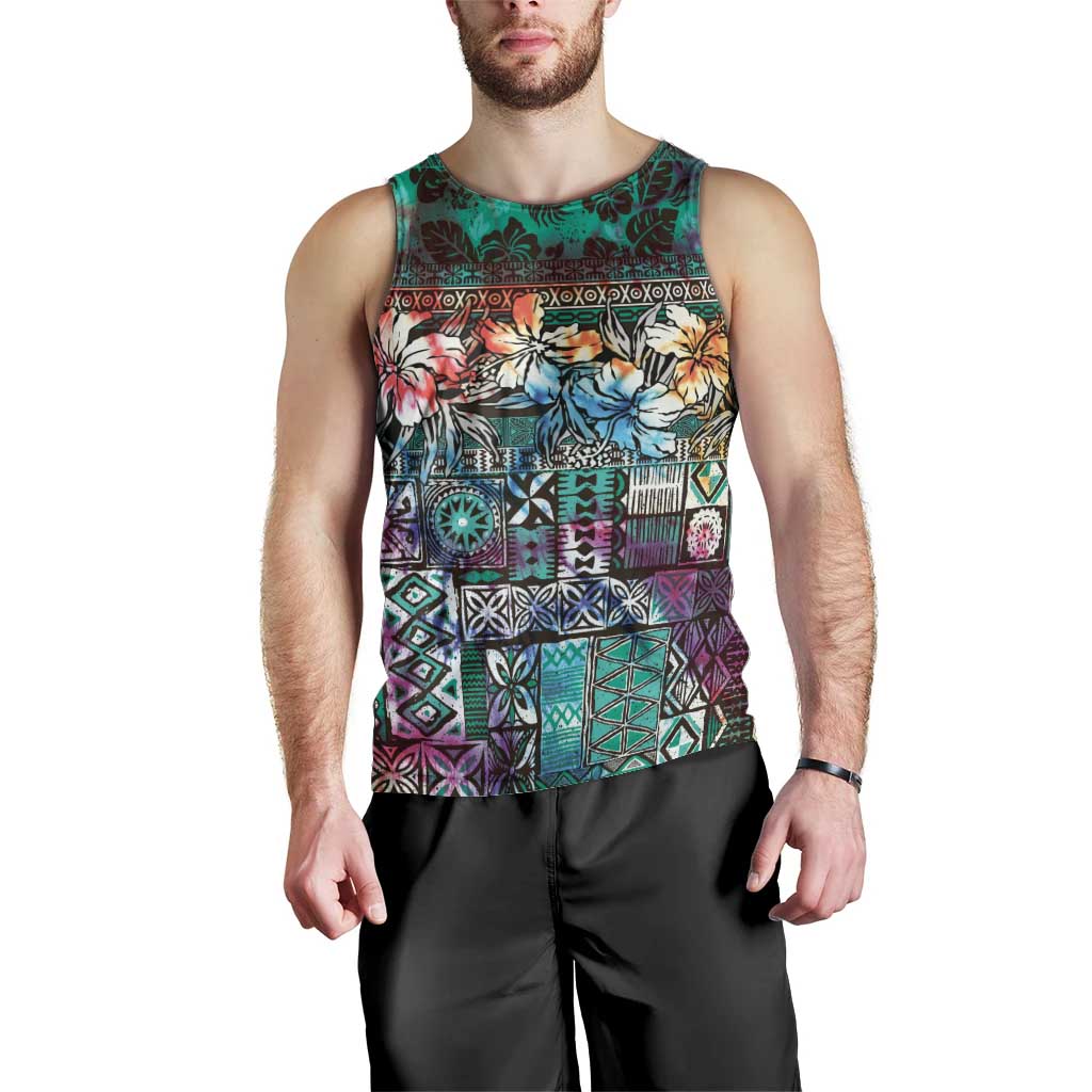 Pacific Hibiscus Tapa Tribal Vintage Men Tank Top Turquoise Motif LT9 - Polynesian Pride