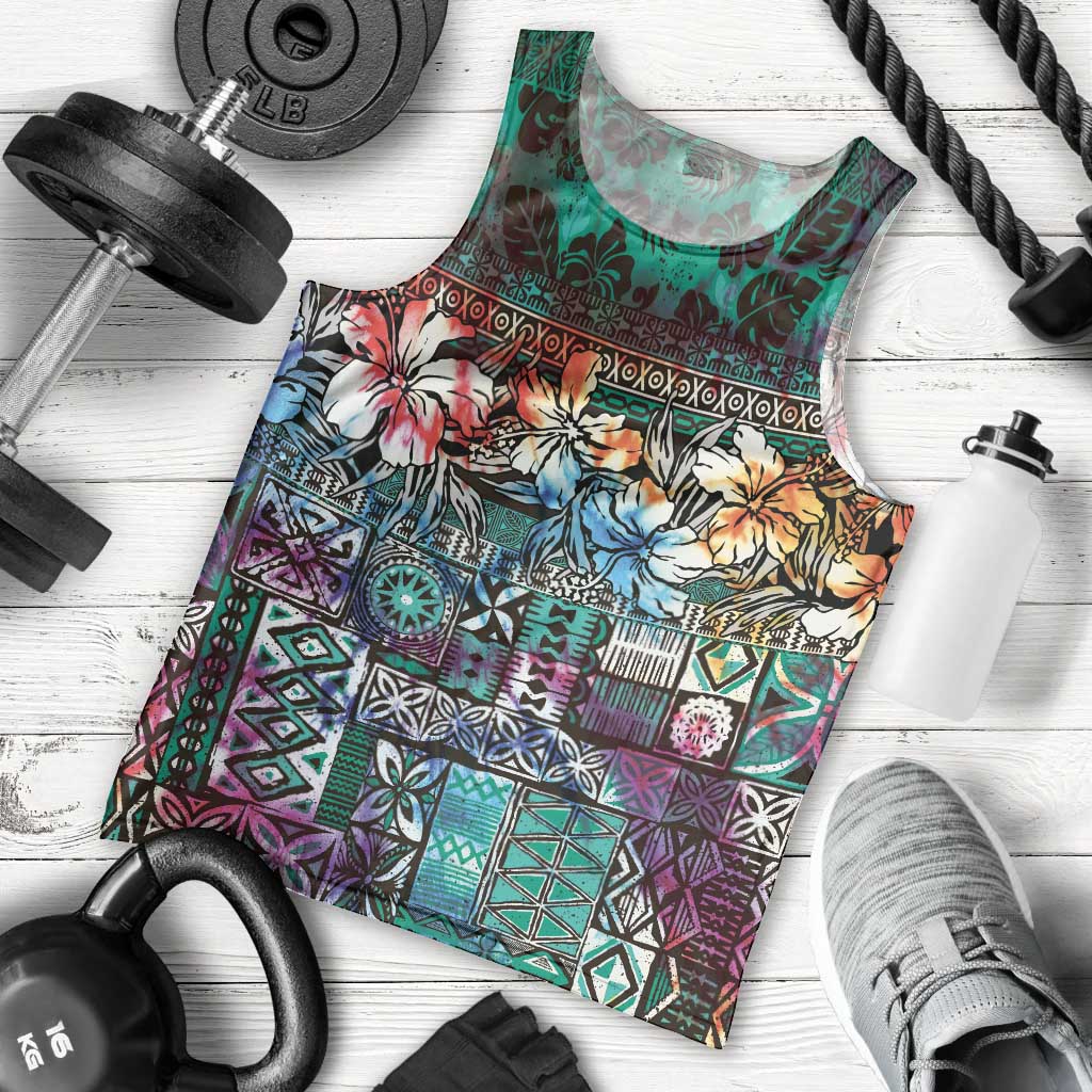 Pacific Hibiscus Tapa Tribal Vintage Men Tank Top Turquoise Motif LT9 - Polynesian Pride