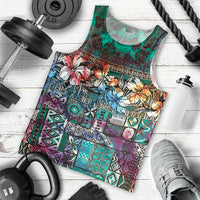 Pacific Hibiscus Tapa Tribal Vintage Men Tank Top Turquoise Motif LT9 - Polynesian Pride