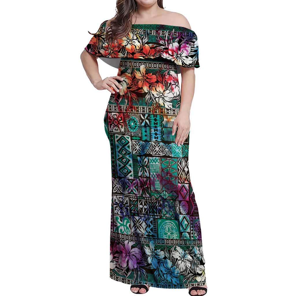 Pacific Hibiscus Tapa Tribal Vintage Off Shoulder Maxi Dress Turquoise Motif LT9 Women Turquoise - Polynesian Pride