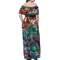 Pacific Hibiscus Tapa Tribal Vintage Off Shoulder Maxi Dress Turquoise Motif LT9 - Polynesian Pride