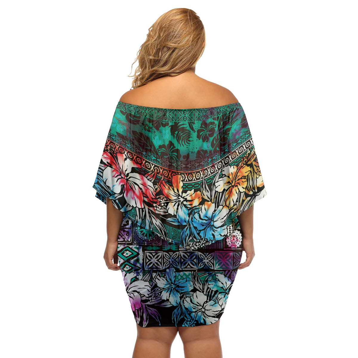 Pacific Hibiscus Tapa Tribal Vintage Off Shoulder Short Dress Turquoise Motif LT9 - Polynesian Pride