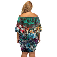 Pacific Hibiscus Tapa Tribal Vintage Off Shoulder Short Dress Turquoise Motif LT9 - Polynesian Pride