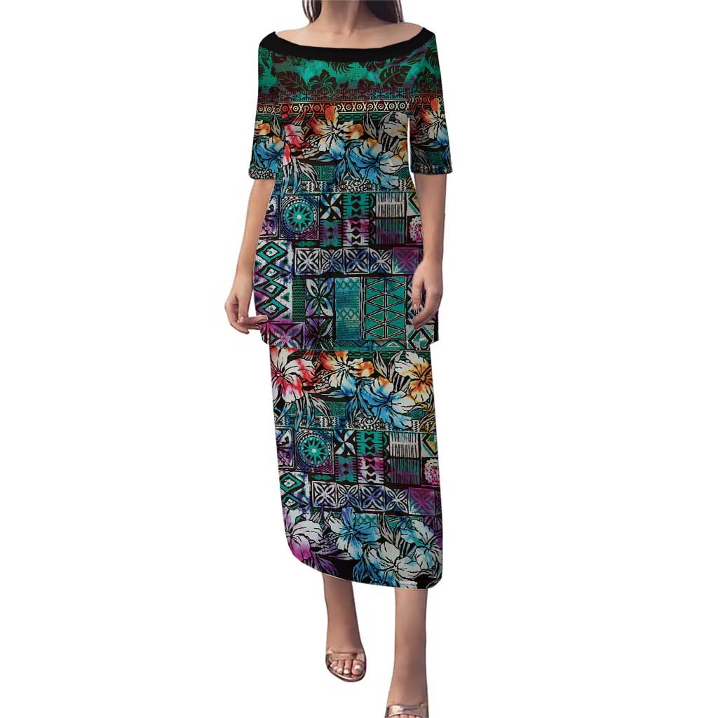Pacific Hibiscus Tapa Tribal Vintage Puletasi Turquoise Motif LT9 Long Dress Turquoise - Polynesian Pride
