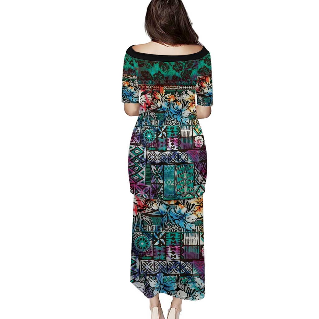 Pacific Hibiscus Tapa Tribal Vintage Puletasi Turquoise Motif LT9 - Polynesian Pride