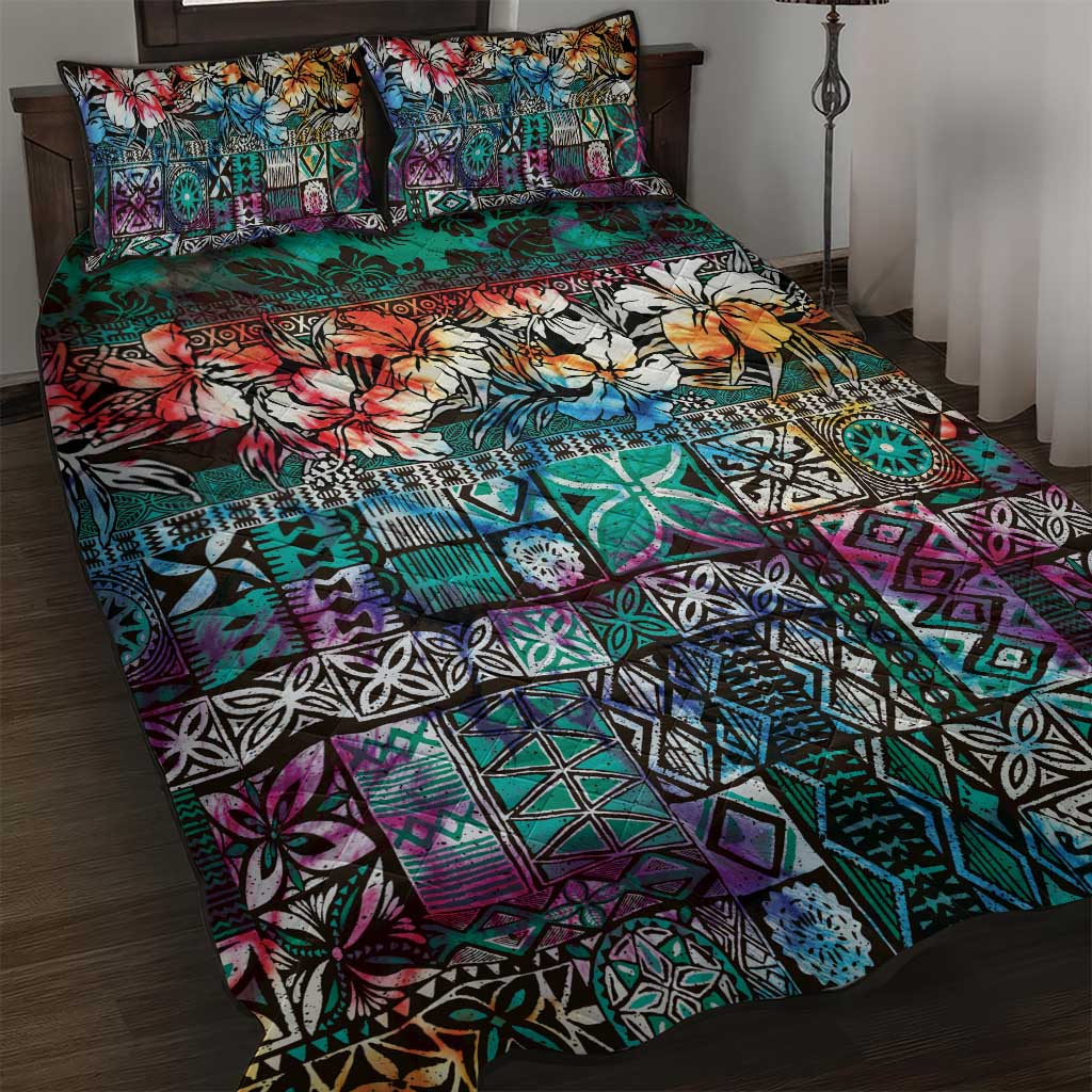 Pacific Hibiscus Tapa Tribal Vintage Quilt Bed Set Turquoise Motif LT9 Turquoise - Polynesian Pride