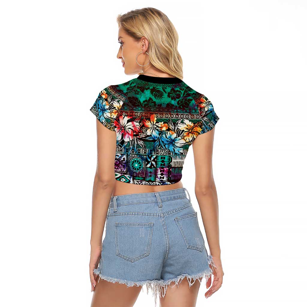 Pacific Hibiscus Tapa Tribal Vintage Raglan Cropped T Shirt Turquoise Motif LT9 - Polynesian Pride