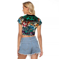 Pacific Hibiscus Tapa Tribal Vintage Raglan Cropped T Shirt Turquoise Motif LT9 - Polynesian Pride