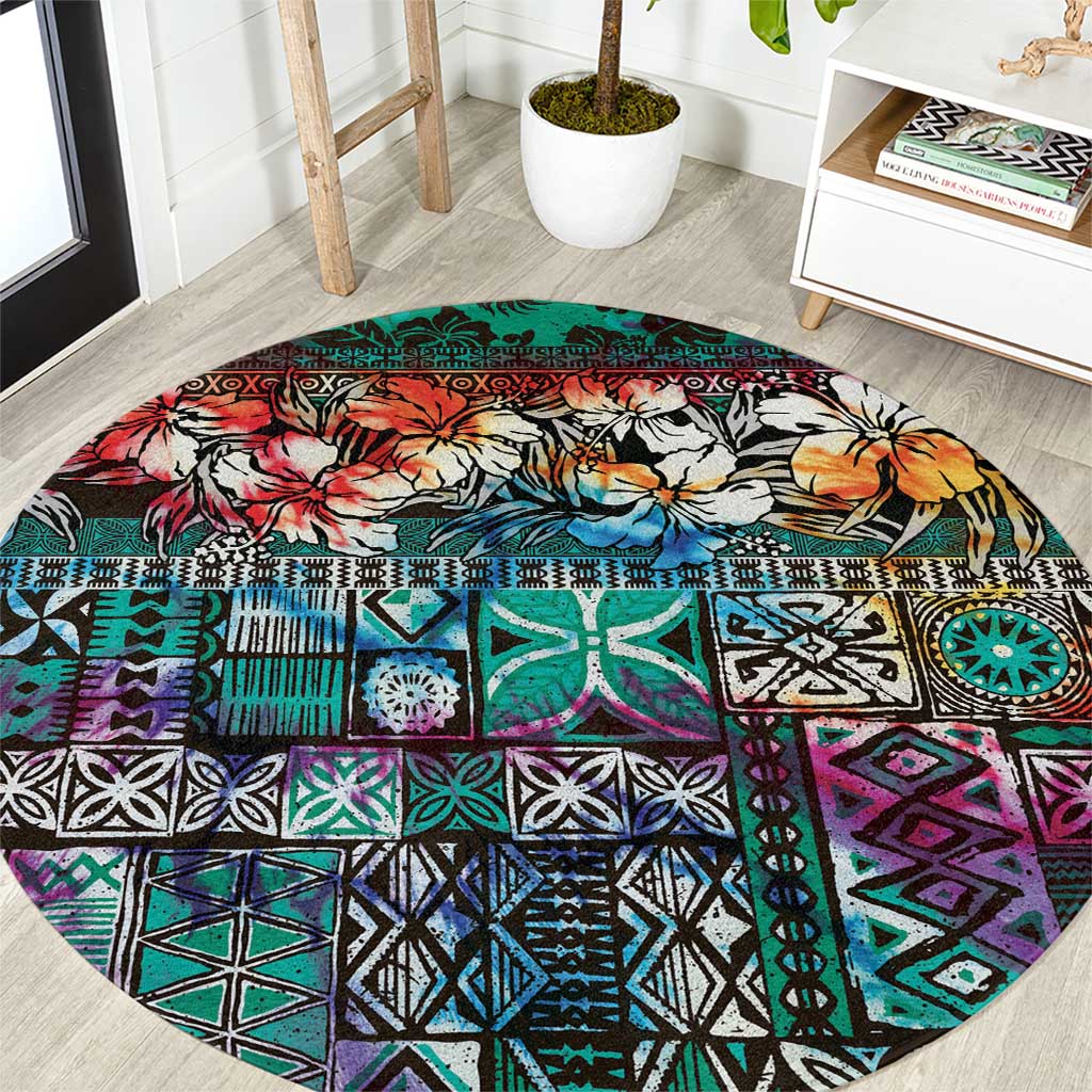 Pacific Hibiscus Tapa Tribal Vintage Round Carpet Turquoise Motif