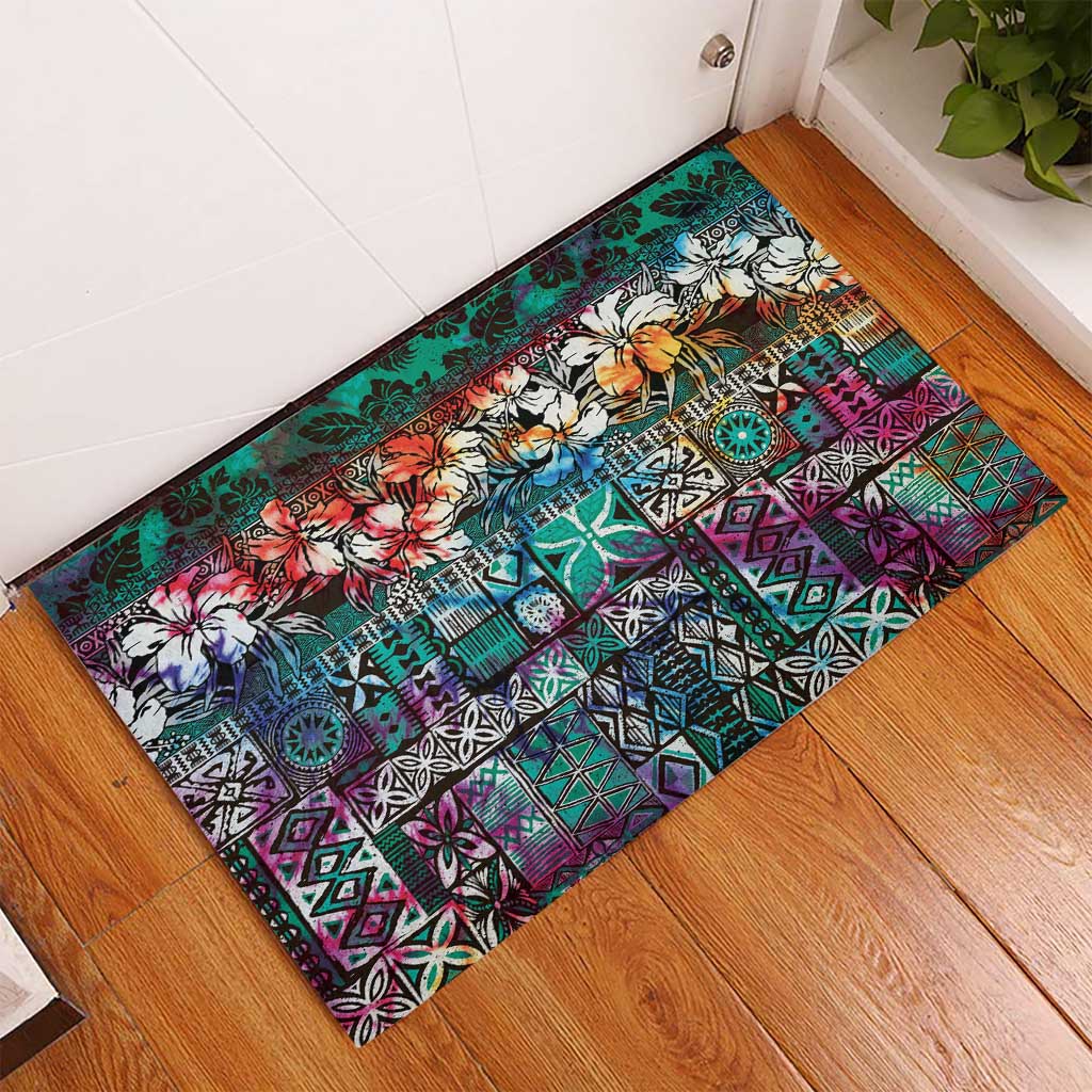 Pacific Hibiscus Tapa Tribal Vintage Rubber Doormat Turquoise Motif LT9 - Polynesian Pride