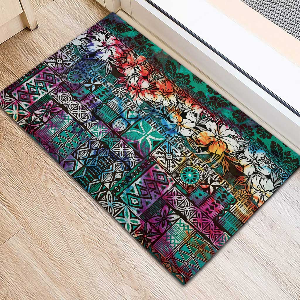 Pacific Hibiscus Tapa Tribal Vintage Rubber Doormat Turquoise Motif LT9 - Polynesian Pride