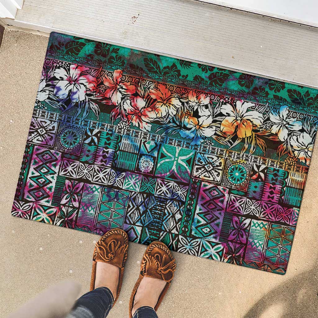 Pacific Hibiscus Tapa Tribal Vintage Rubber Doormat Turquoise Motif LT9 - Polynesian Pride
