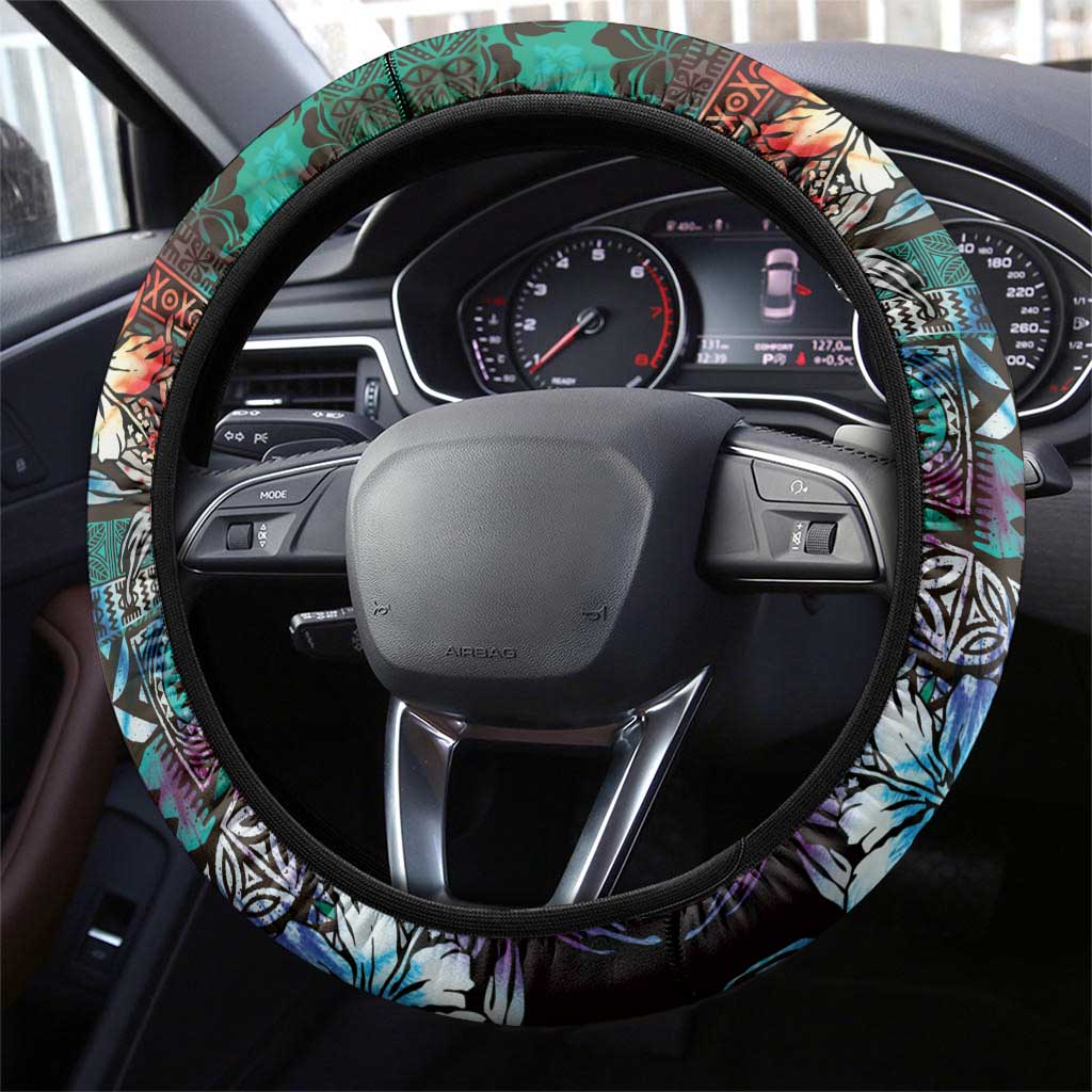 Pacific Hibiscus Tapa Tribal Vintage Steering Wheel Cover Turquoise Motif LT9 - Polynesian Pride