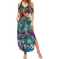 Pacific Hibiscus Tapa Tribal Vintage Summer Maxi Dress Turquoise Motif LT9 Women Turquoise - Polynesian Pride