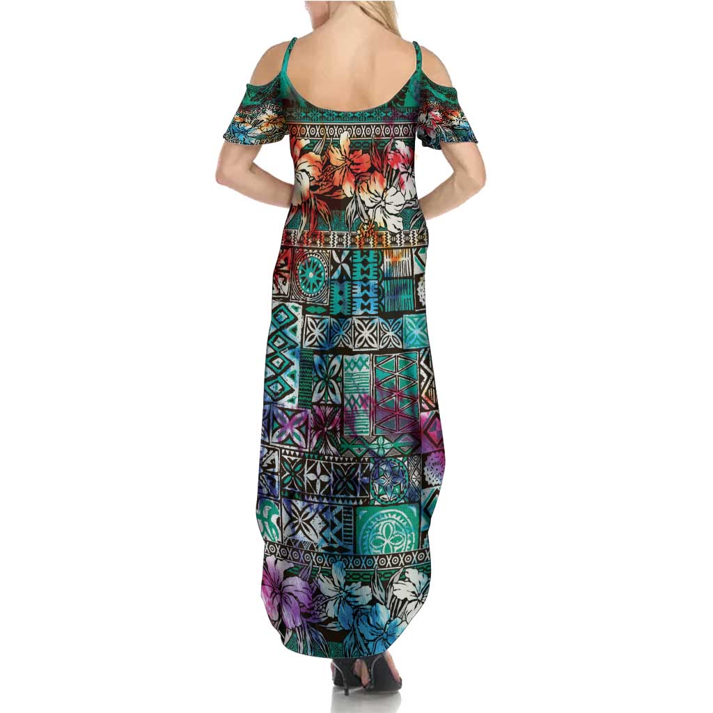 Pacific Hibiscus Tapa Tribal Vintage Summer Maxi Dress Turquoise Motif LT9 - Polynesian Pride