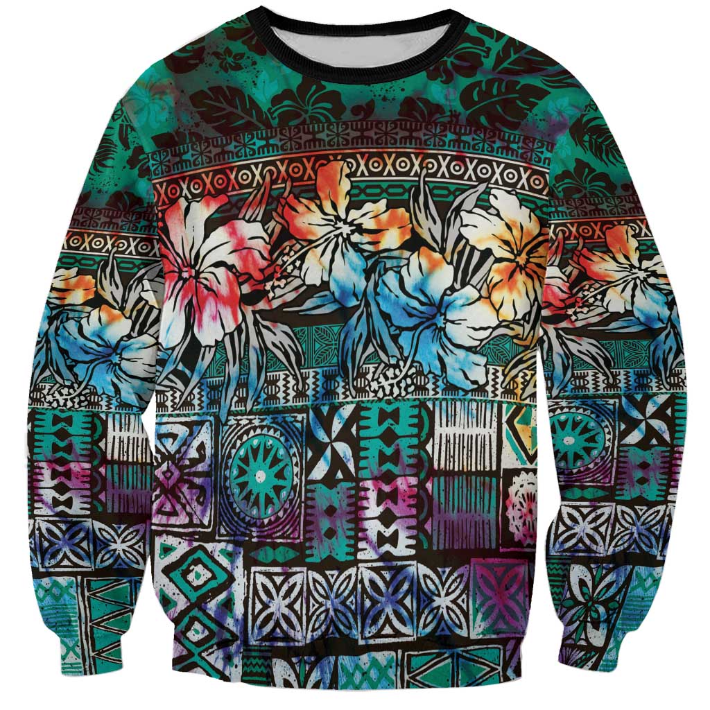 Pacific Hibiscus Tapa Tribal Vintage Sweatshirt Turquoise Motif LT9 Unisex Turquoise - Polynesian Pride