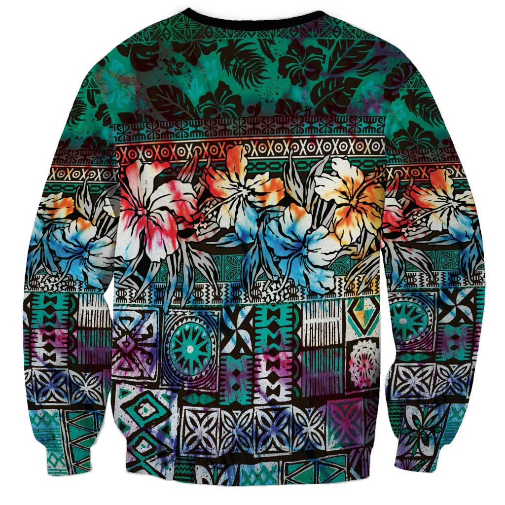 Pacific Hibiscus Tapa Tribal Vintage Sweatshirt Turquoise Motif LT9 - Polynesian Pride